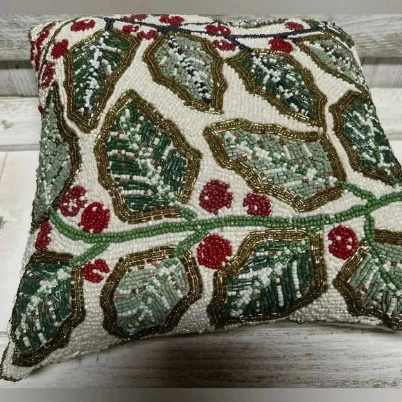 Cherished Traditions Holly & Berry Beaded Accent Pillow Christmas Decor - Picture 13 of 15